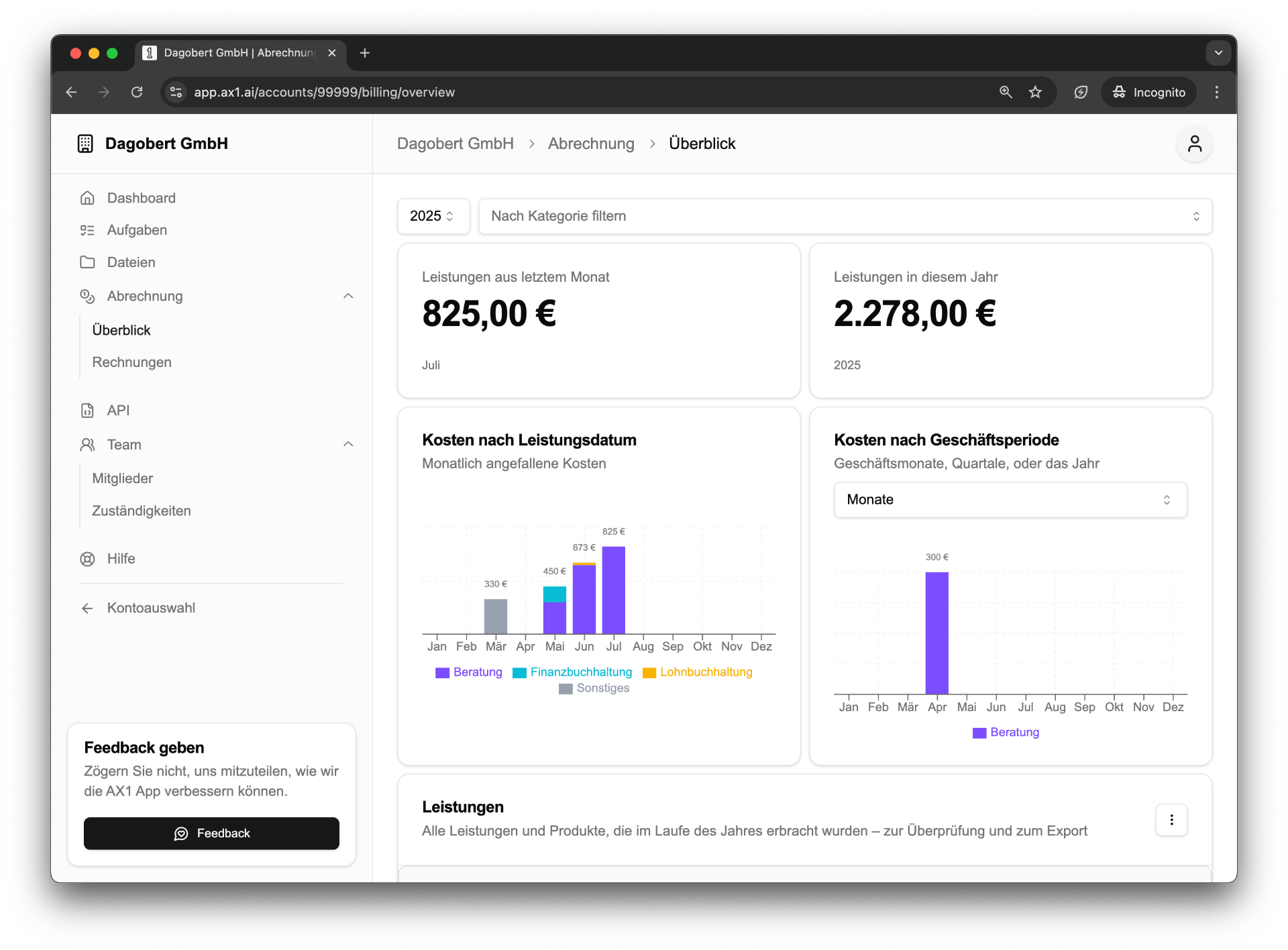 Client App billing dashboard showing monthly costs, service breakdowns, and transparent billing analytics