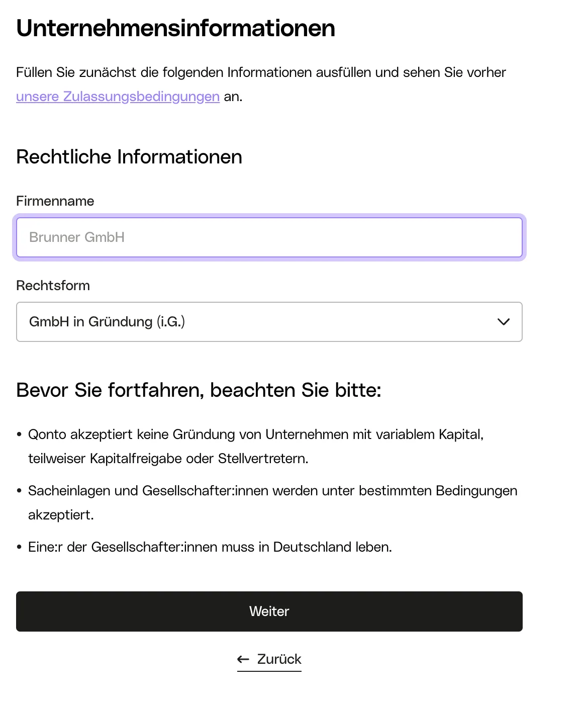 Qonto Sign-Up-Formular: Adressdaten und Kontaktinformationen der GmbH
